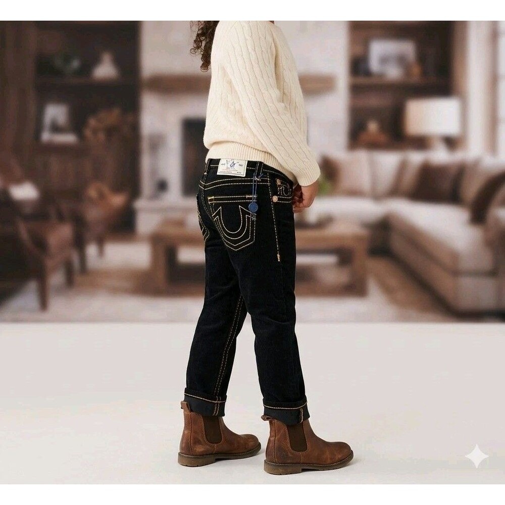 True Religion Kids Girls Size 5 Corduroy Jeans Straight Heritage Big T Black NWT